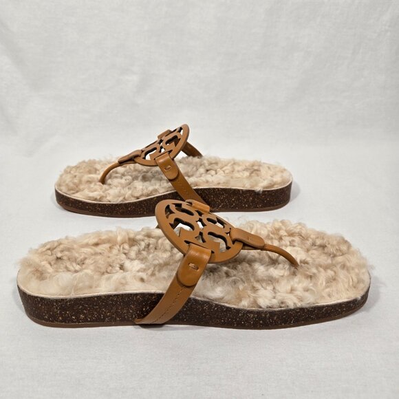 TORY BURCH Caramel MILLER CLOUD Shearling Leather Thong Slip-On Sandal Size 9.5M - Picture 4 of 17